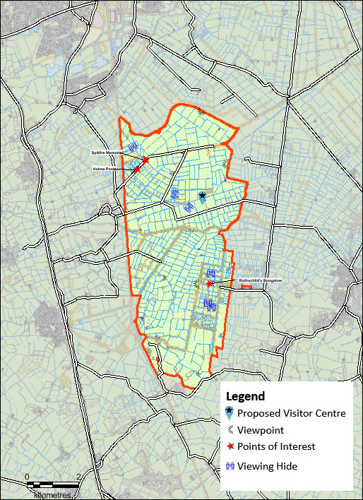 Map displaying proposed visitor centre, viewpoint, points of interest and viewing hide