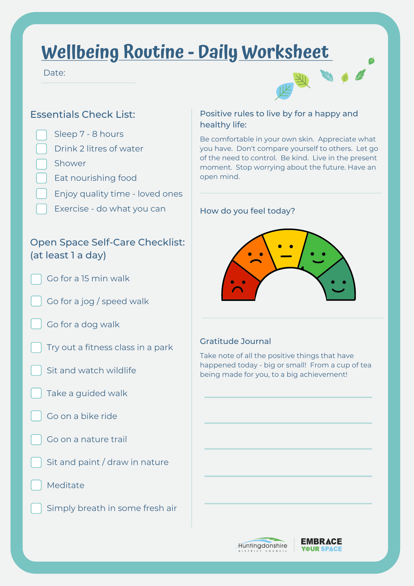 Wellbeing routine - daily checklist