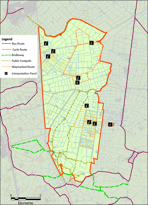 Map displaying locations of bus and cycle routes, bridleway, public footpath and waymarked route