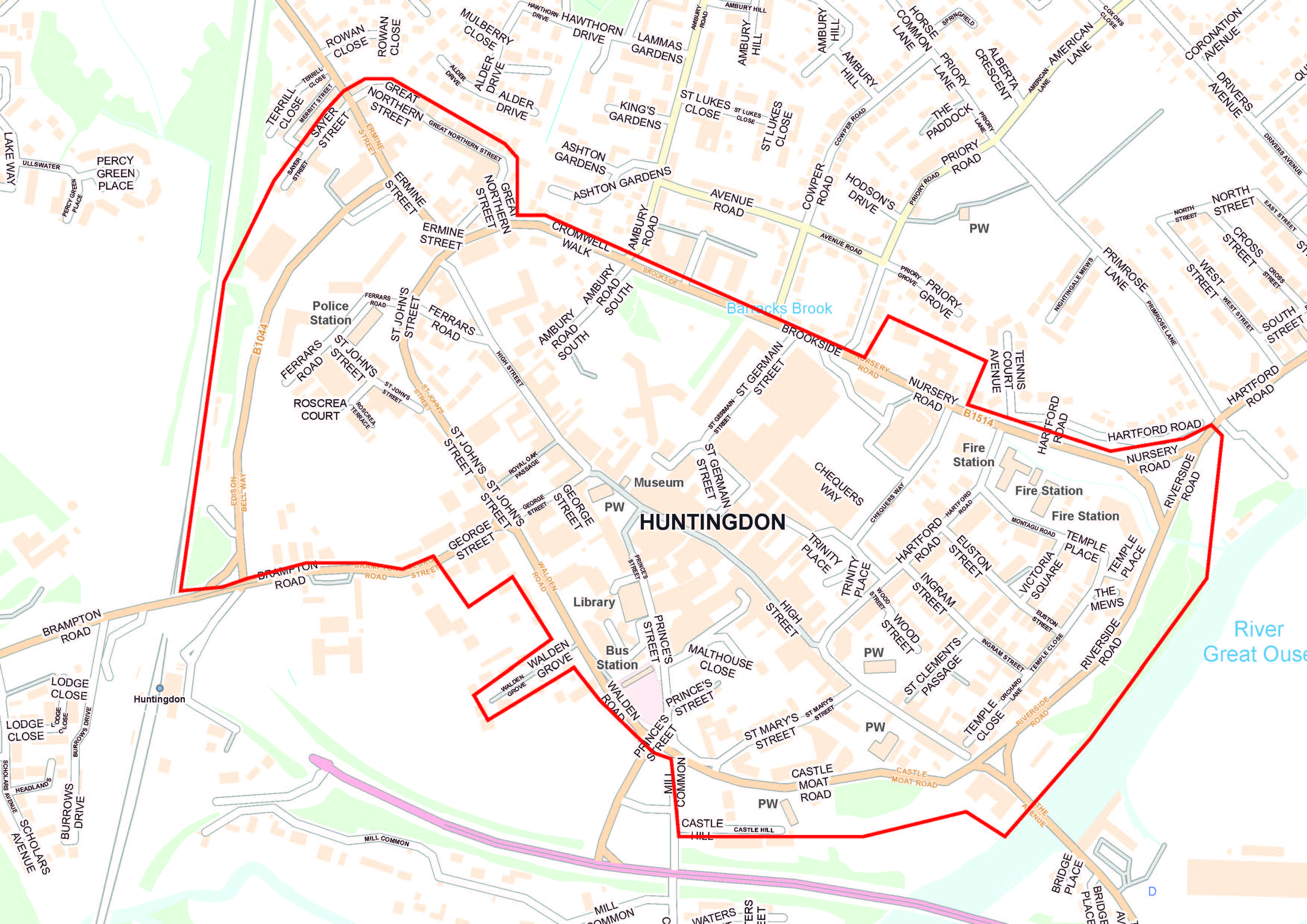 Map of Huntingdon town centre boundary