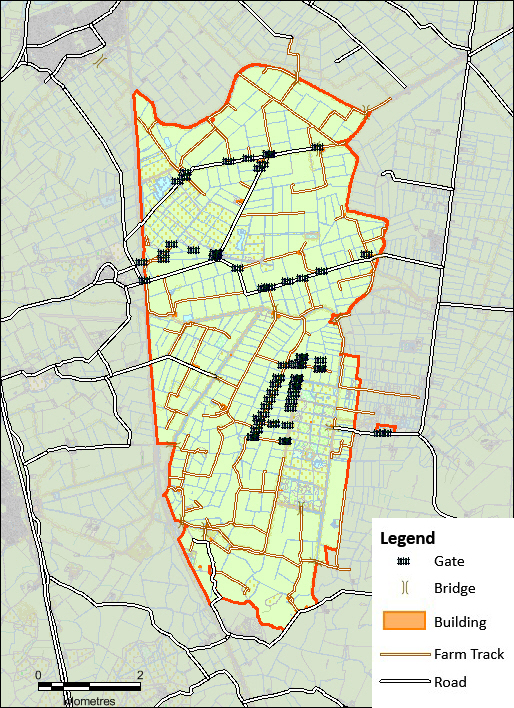 Map displaying location of gates, bridges, buildings, farm tracks and roads