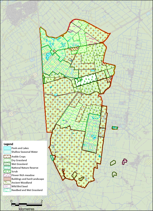 Map displaying locations of pools and lakes, shallow seasonal water, arable crops, dry and wet grassland, National Nature Reserve, scrub, flower rich meadow, buildings and hard landscape, ancient woodland, wild bird seed and reedbeds