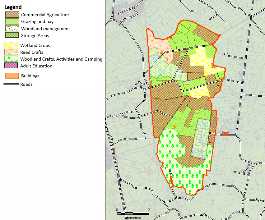 Map displaying locations of commercial agriculture, grazing and hay, woodland management, storage areas, wetland crops, reed crafts, woodland crafts, camping and adult education