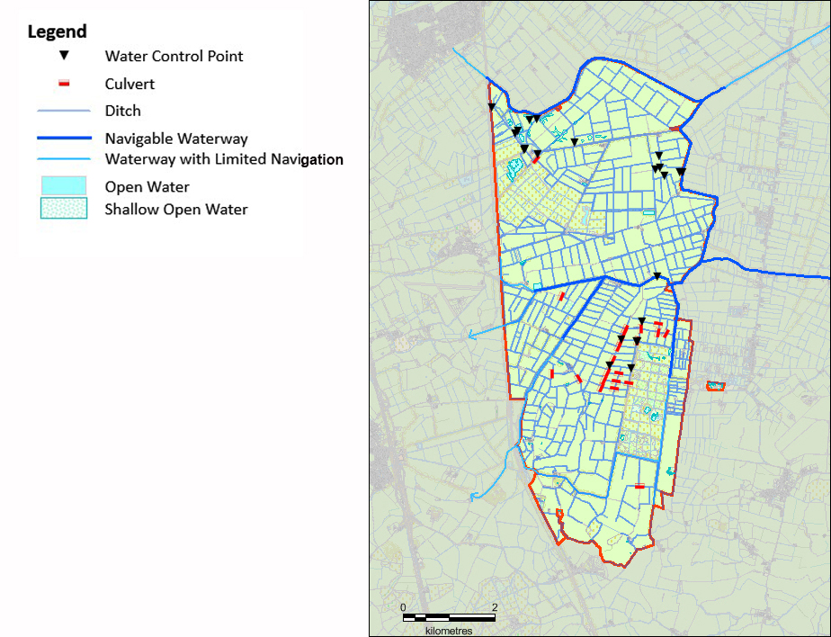 Map displaying locations of water control points, culverts, ditches, navigable waterways, waterways with limited navigation, open water and shallow open water