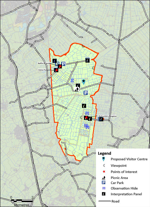 Map displaying locations of proposed visitor centre, points of interest, picnic area, car park, observation point and viewpoint