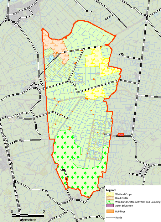 Map displaying locations of wetland crops, reed crafts, woodland crafts, activities and camping and adult education