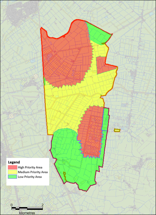 Map displaying location of low, medium and high ecology priority areas