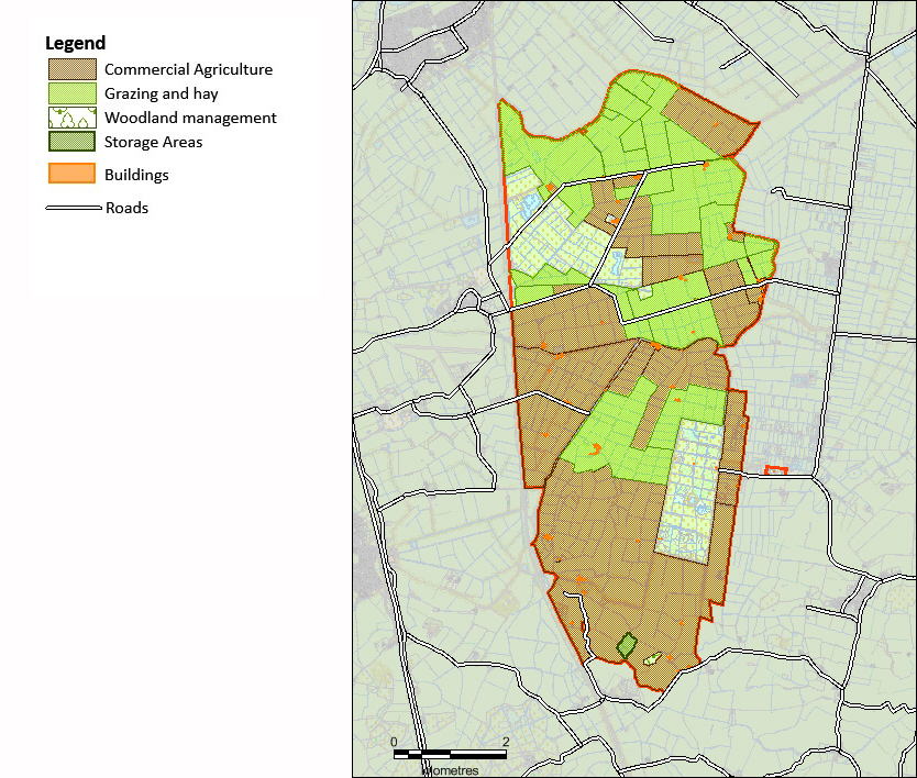 Map displaying locations of commercial agriculture, grazing and hay, woodland management, storage areas, buildings and roads