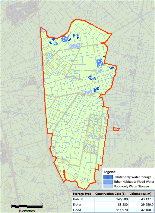 Map displaying locations of habitat-only water storage, flood-only water storage and either habit or flood water