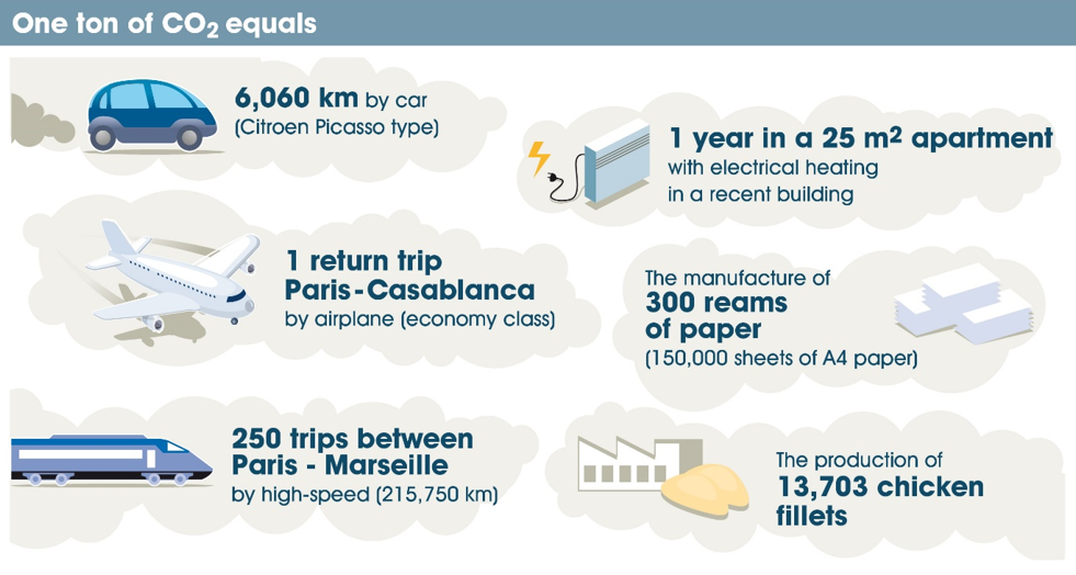 One ton of CO2 equals 6060km by car, 1 year in a 25m apartment, 1 return trip Paris - Casablanca, 250 trips between Paris - Marseille, the manufacture of 300 reams of peper, the production of 13703 chicken fillets